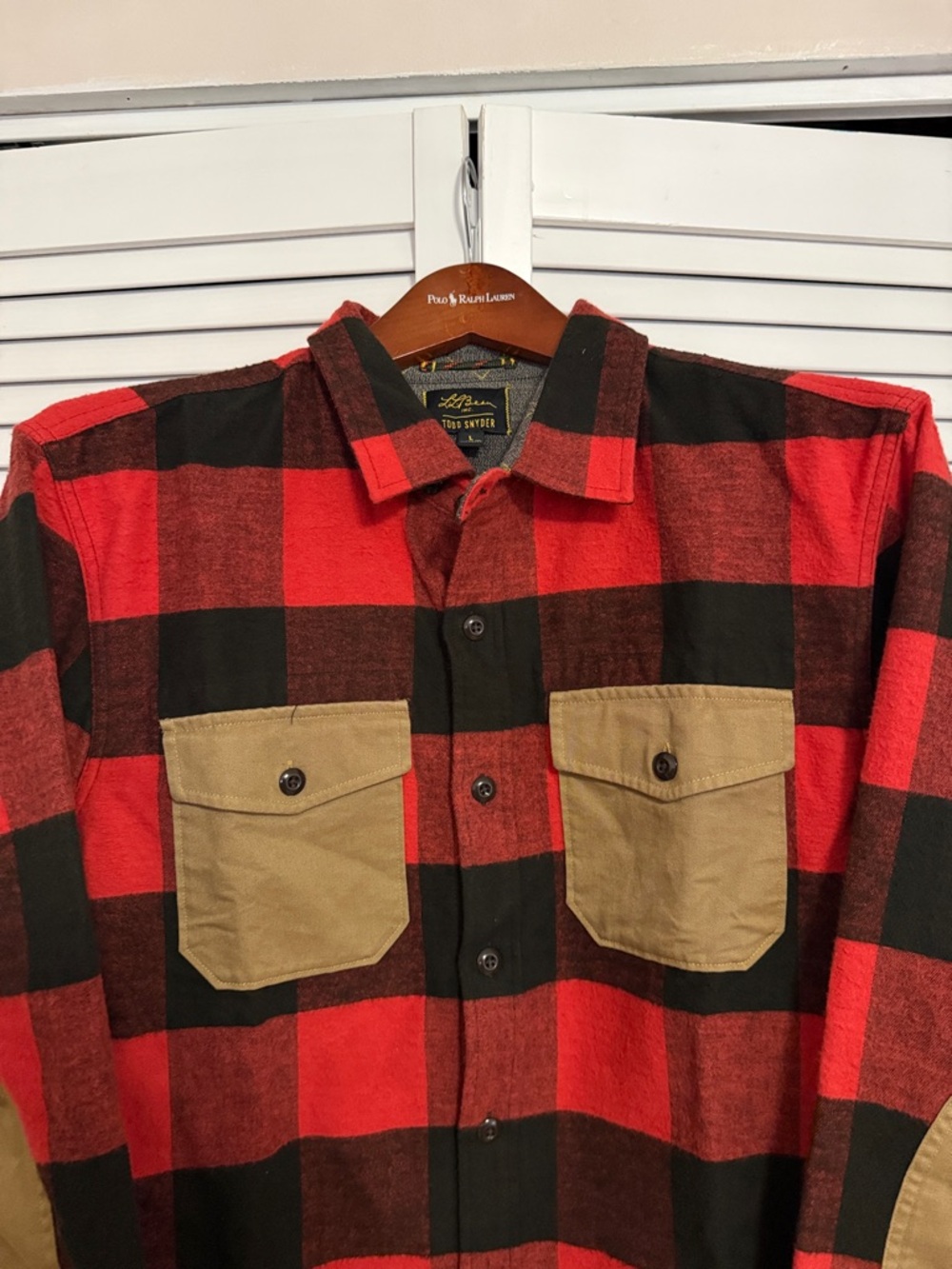 L.L. Bean Red and Black Buffalo Plaid Button-Down Shirt with Tan Pockets
